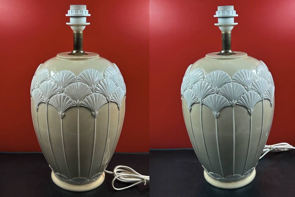 Pair of cream ceramic lamps, 1980s, art deco style, Miami light 73