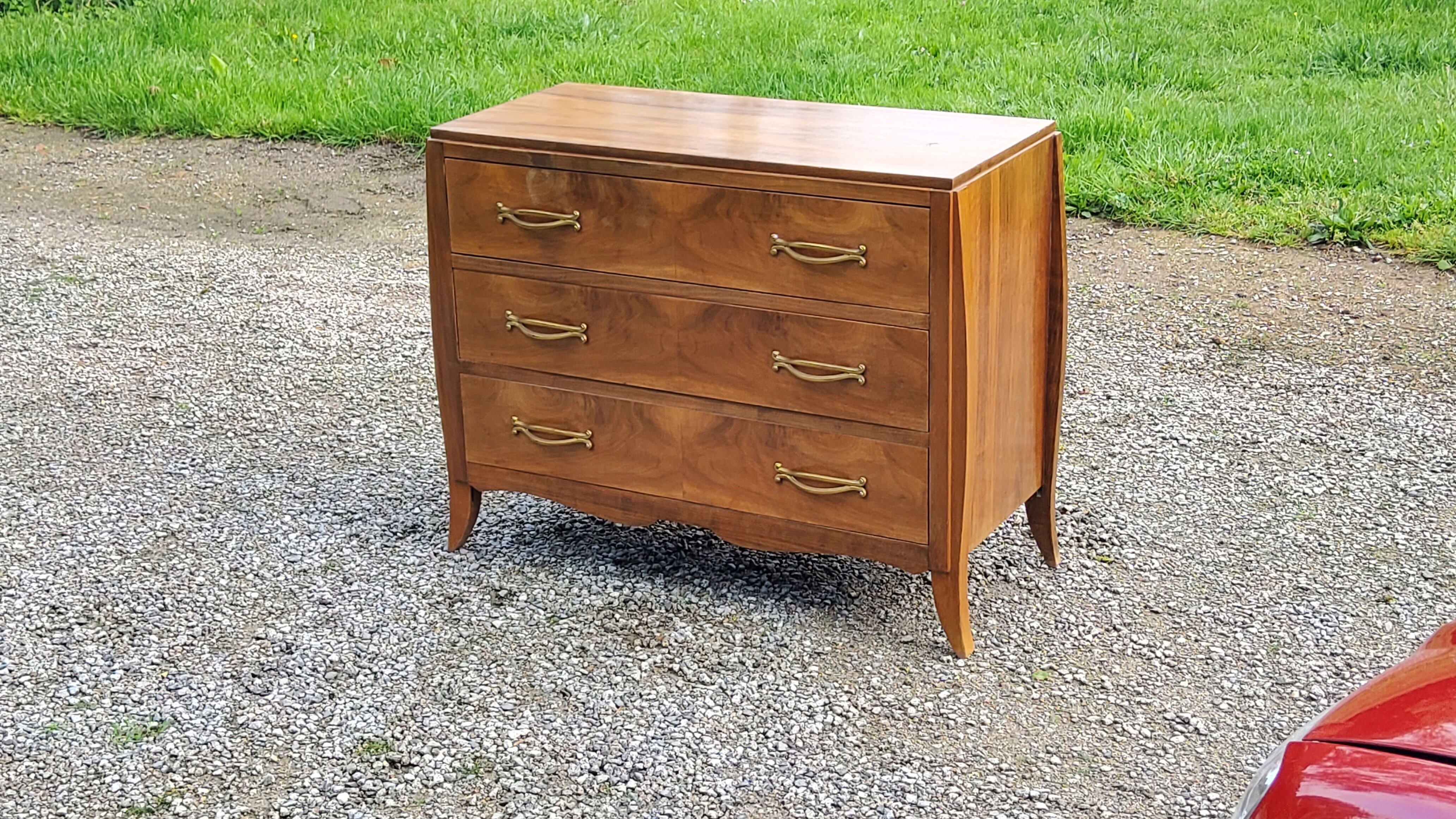 Chest of drawers from the 40s/50s in golden blond walnut 3 drawers feet compass