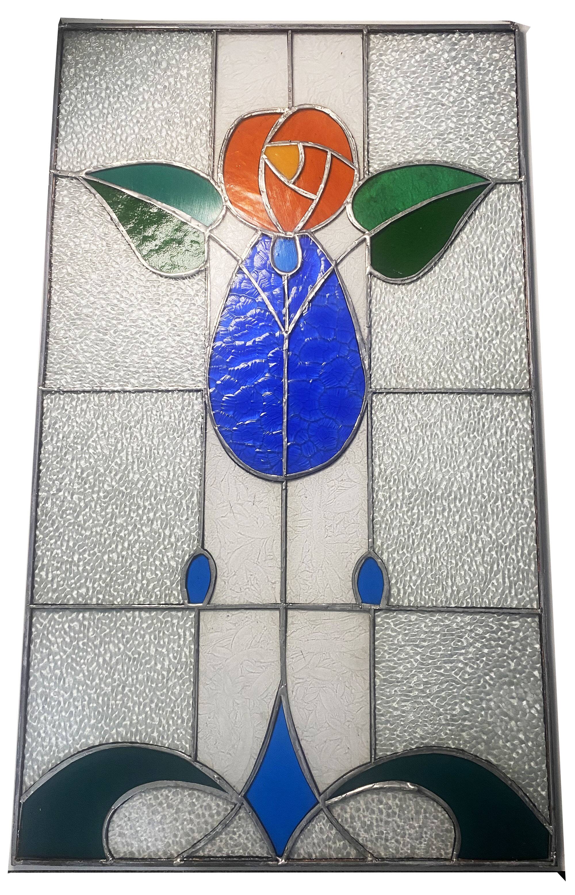 Vitrail décoratif Fleur stylisée – Verre coloré artisanal 40 × 70 cm