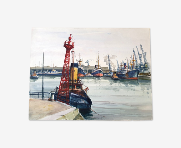 Aquarelle sur papier "Port de la Pallice, La Rochelle" André Duculty