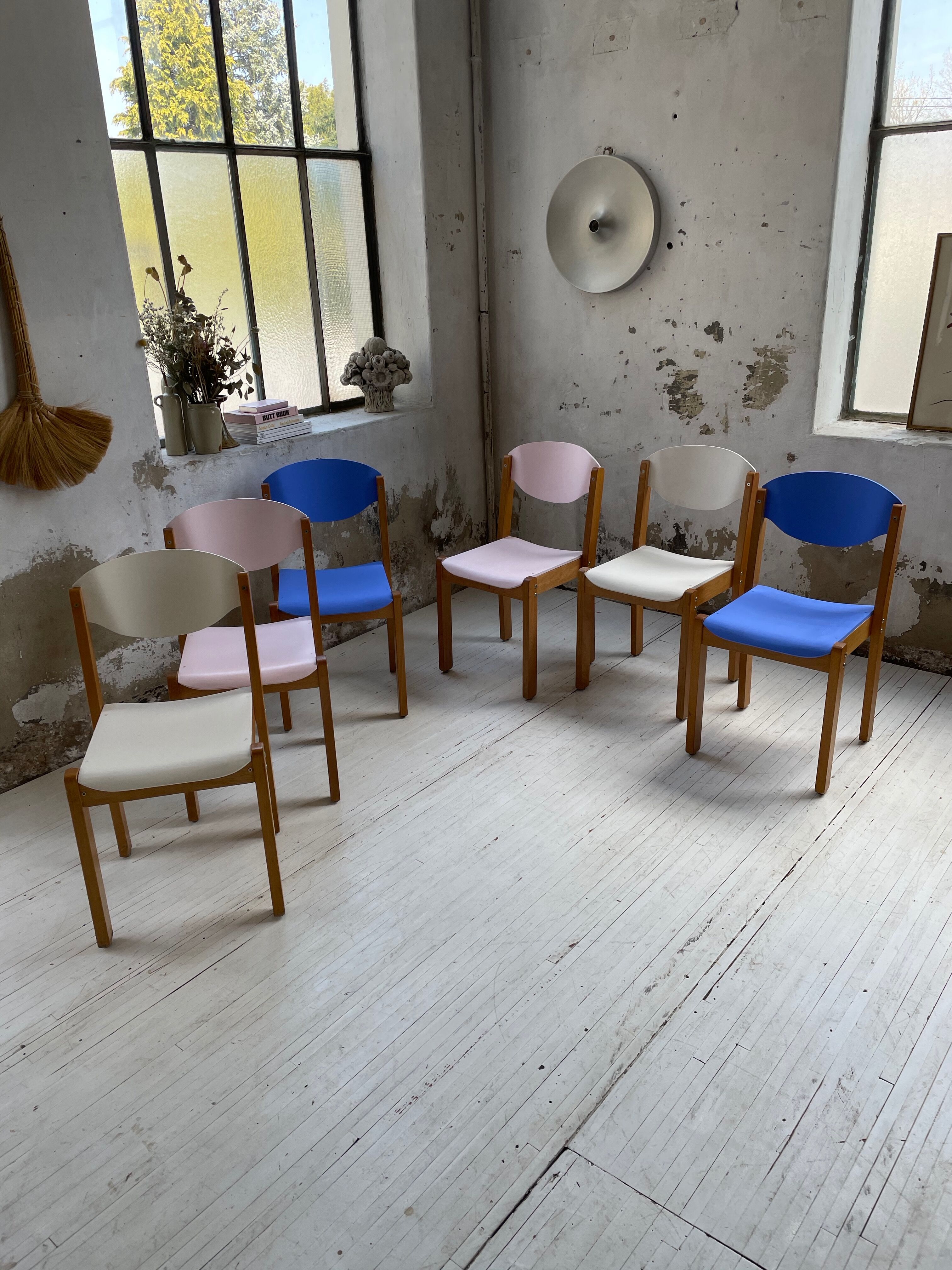 6 colorful 80s beech chairs