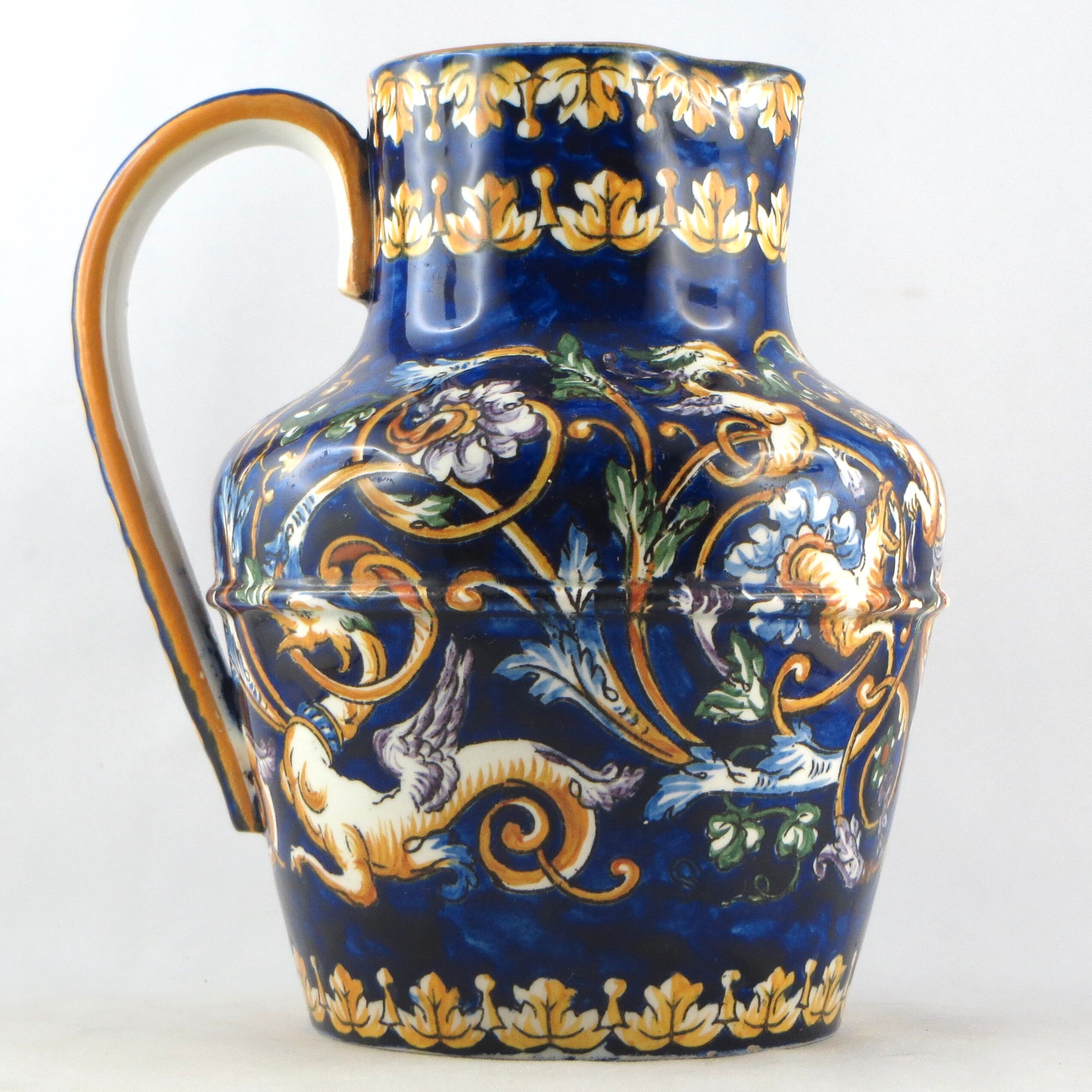 Ancien pichet/broc faïence de gien, renaissance, french ceramic/limoges/putti