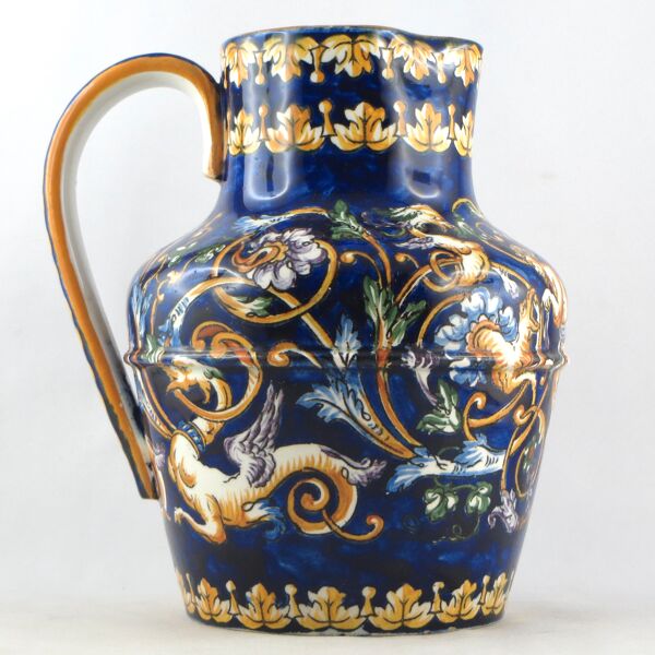 Ancien pichet/broc faïence de gien, renaissance, french ceramic/limoges/putti