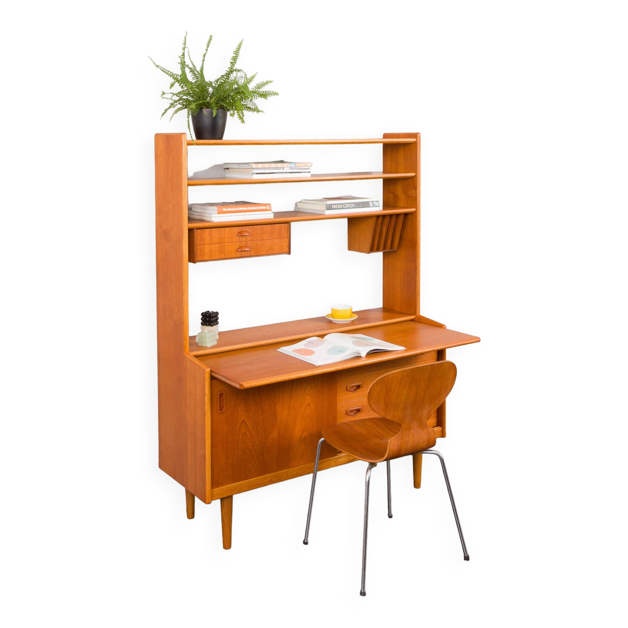 Danish vintage teak bookcase with a hidden desk, 1960s