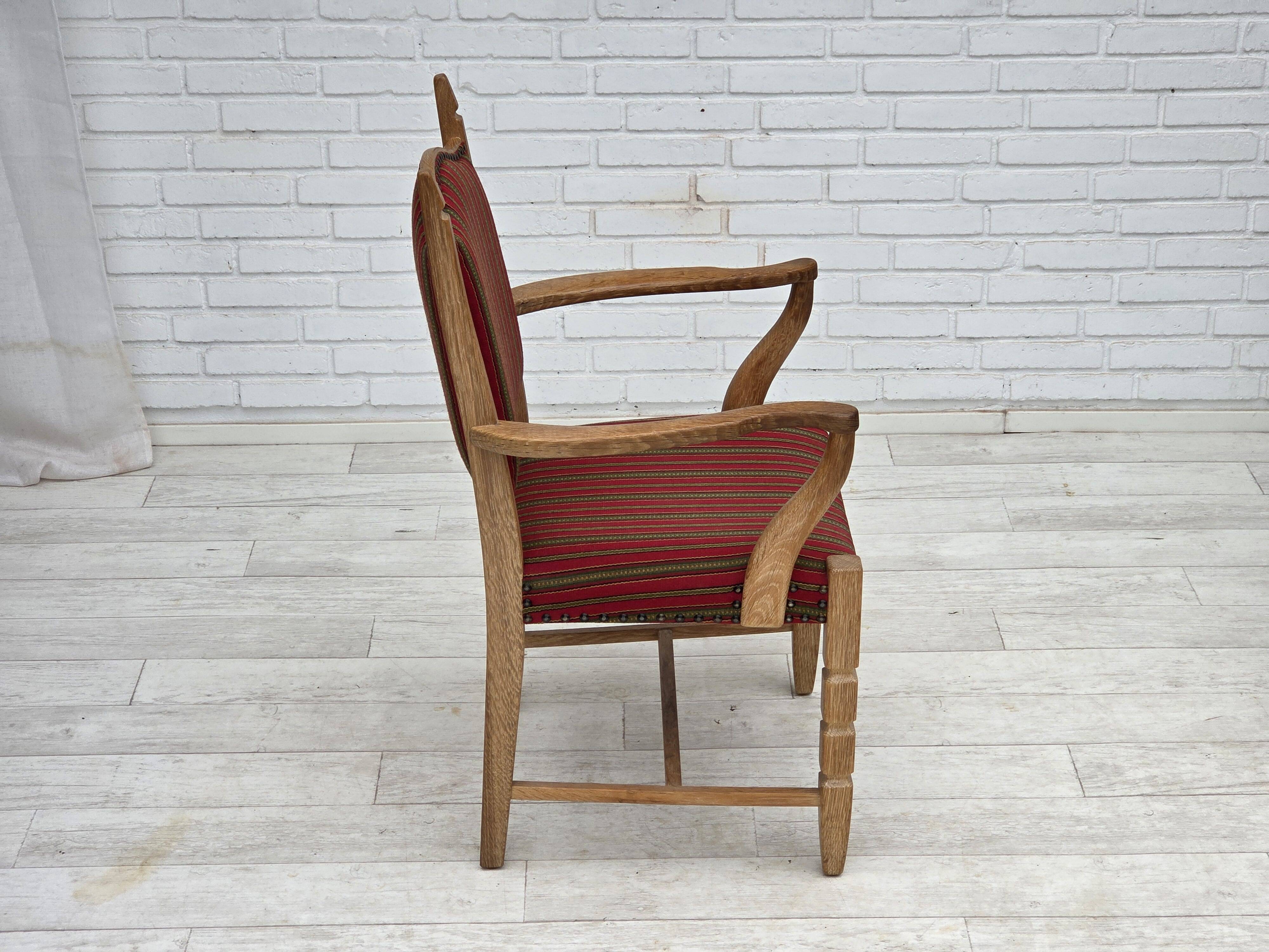 1970s, Danish armchair, striped red furniture wool, solid oak wood.