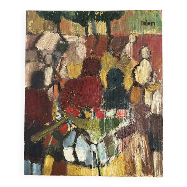 Personnages abstraites, huile au couteau, signée Menin