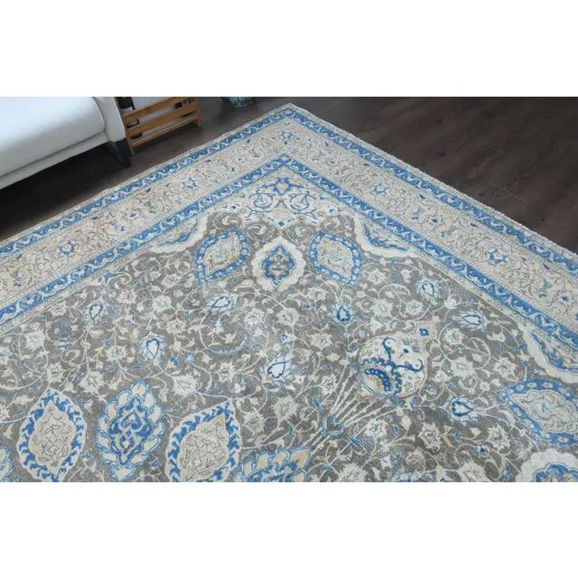 1970s Vintage Persian Handmade Wool Cotton Blue Area Rug 283x400