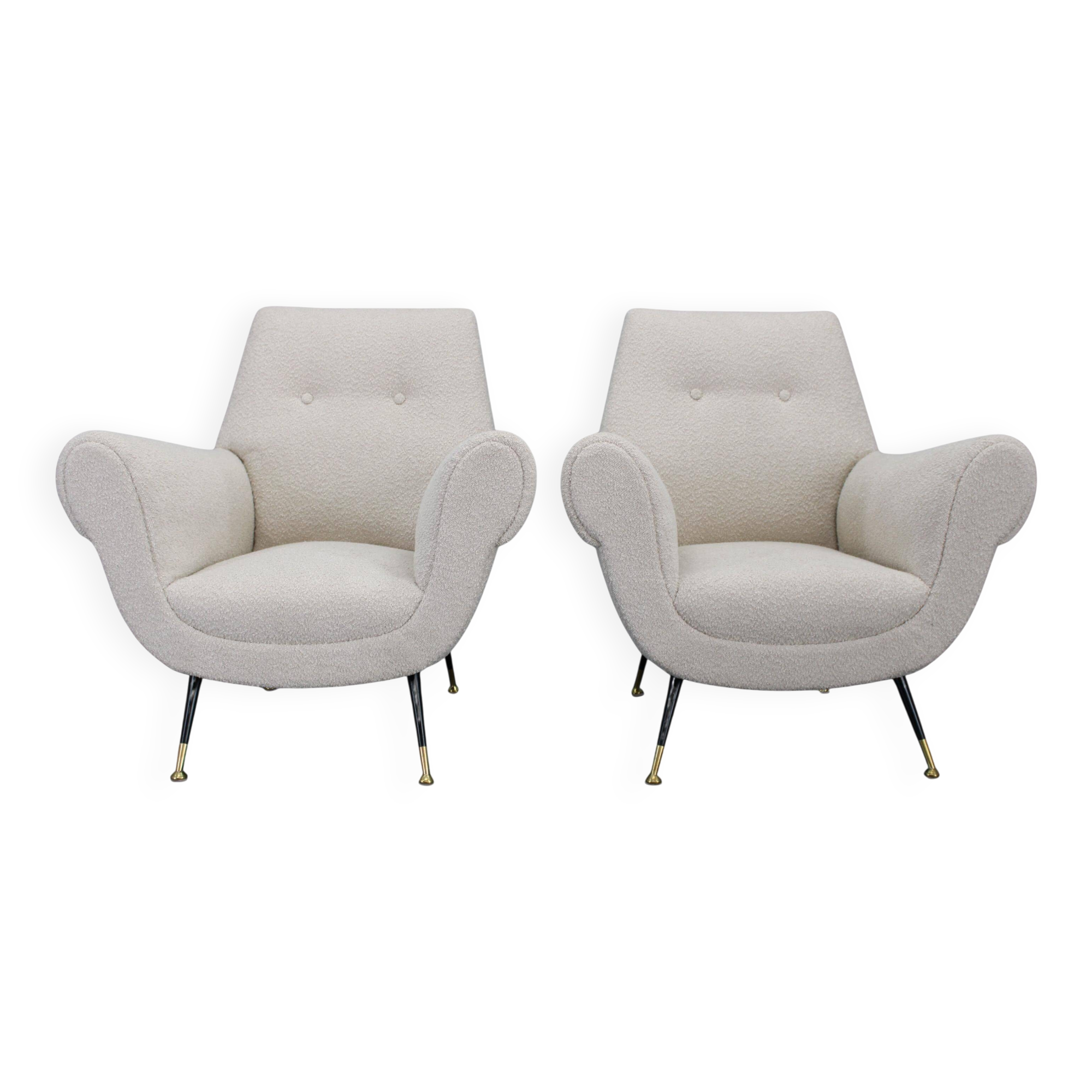 Pair of Italian mid-century boucle armchairs, iron & brass legs, 1950s
