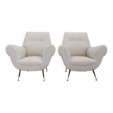 Paire de fauteuils bouclés italiens du milieu du siècle, pieds en fer et laiton, années 1950