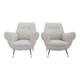 Paire de fauteuils bouclés italiens du milieu du siècle, pieds en fer et laiton, années 1950