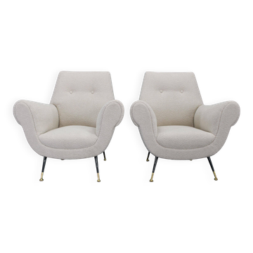 Pair of Italian mid-century boucle armchairs, iron & brass legs, 1950s