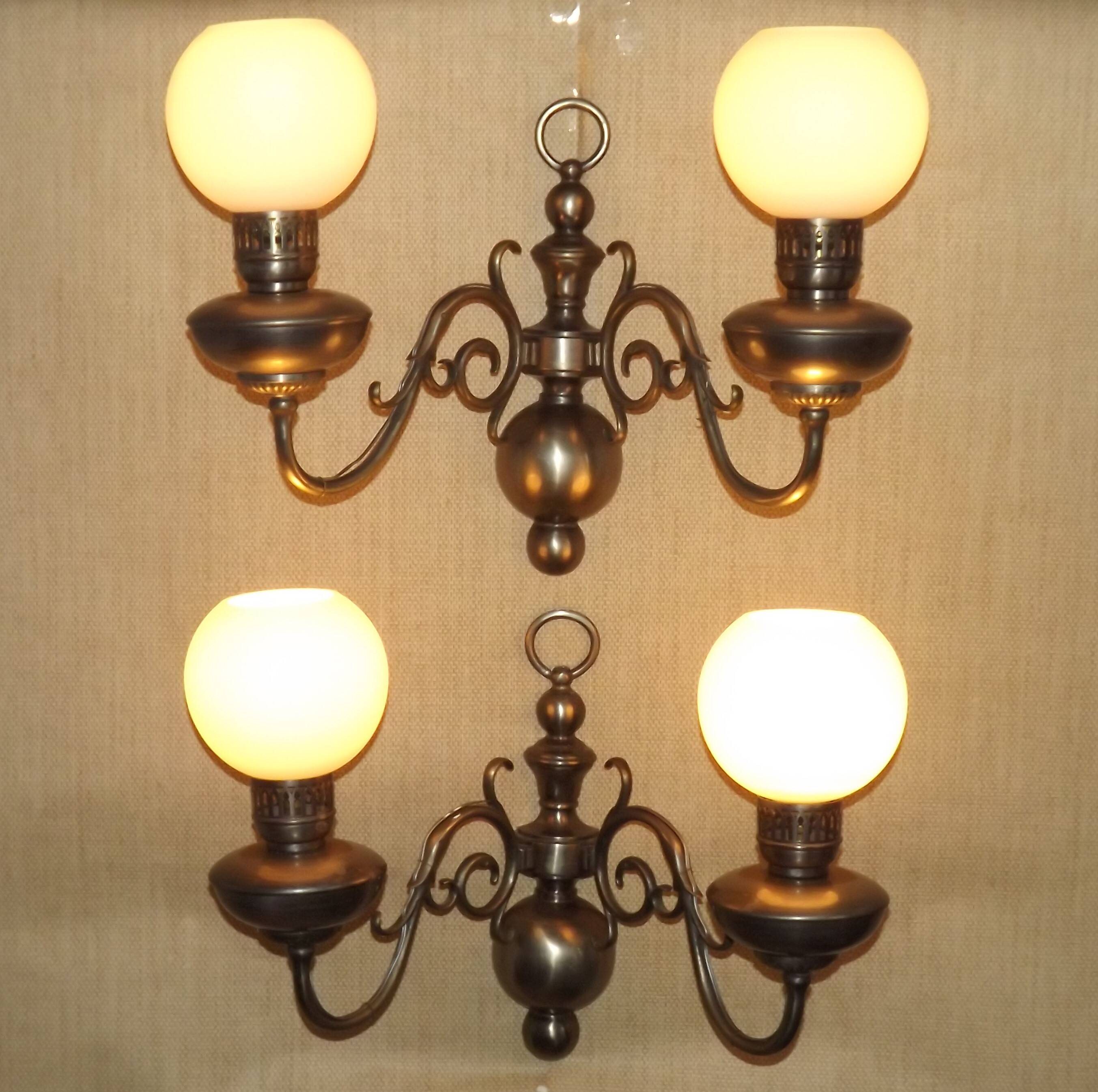 Pair of vintage French silvered Flemish wall sconces, double, with white glass shades 5006.