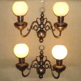 Pair of vintage French silvered Flemish wall sconces, double, with white glass shades 5006.