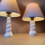 Set of 2 small old twisted opaline lamps