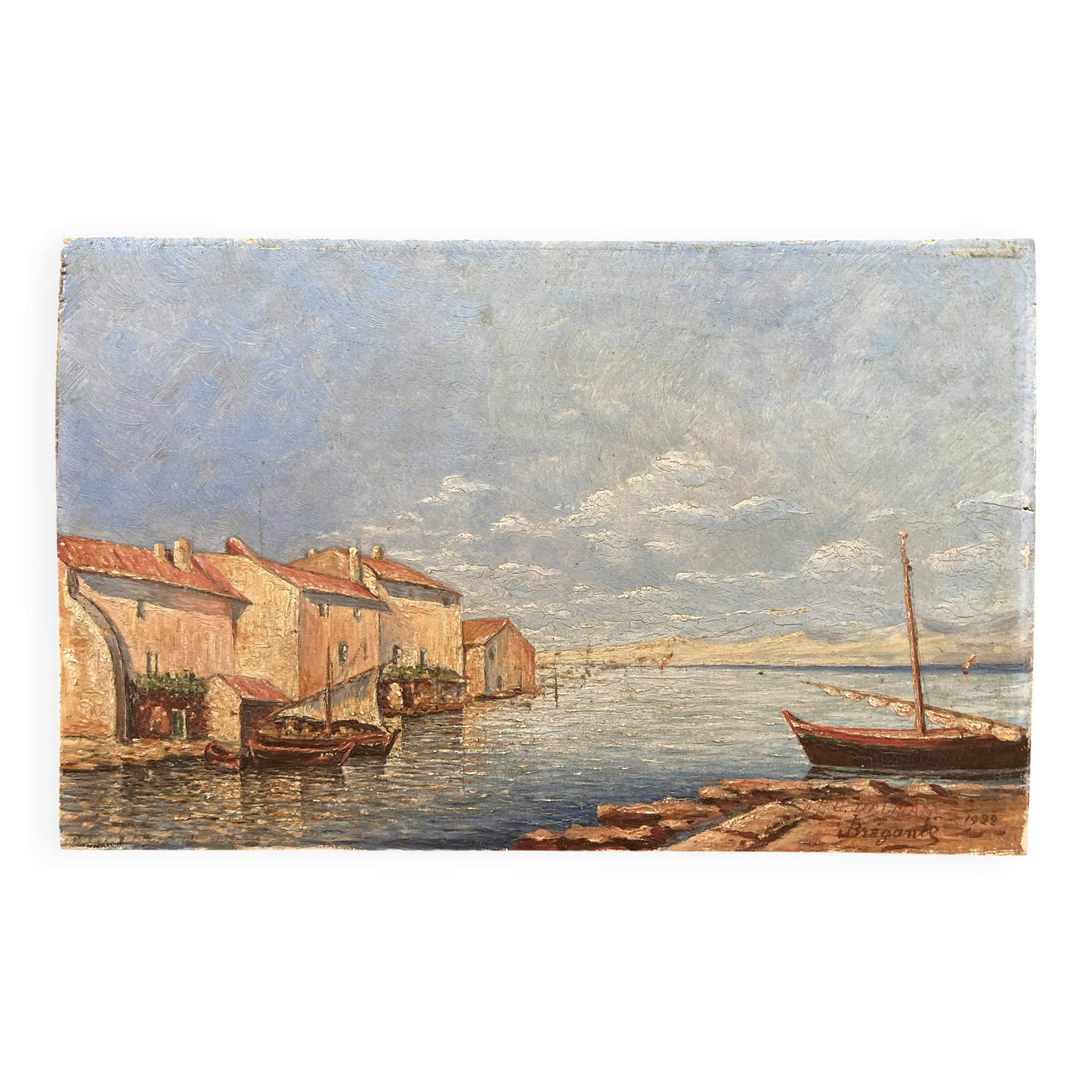 Small old painting - Fishing port by the pond