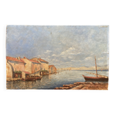 Small old painting - Fishing port by the pond