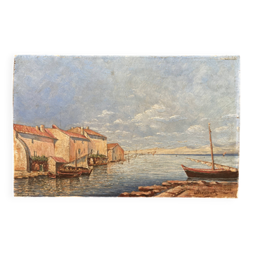 Petit tableau ancien - Port de pêche au bord de l'étang