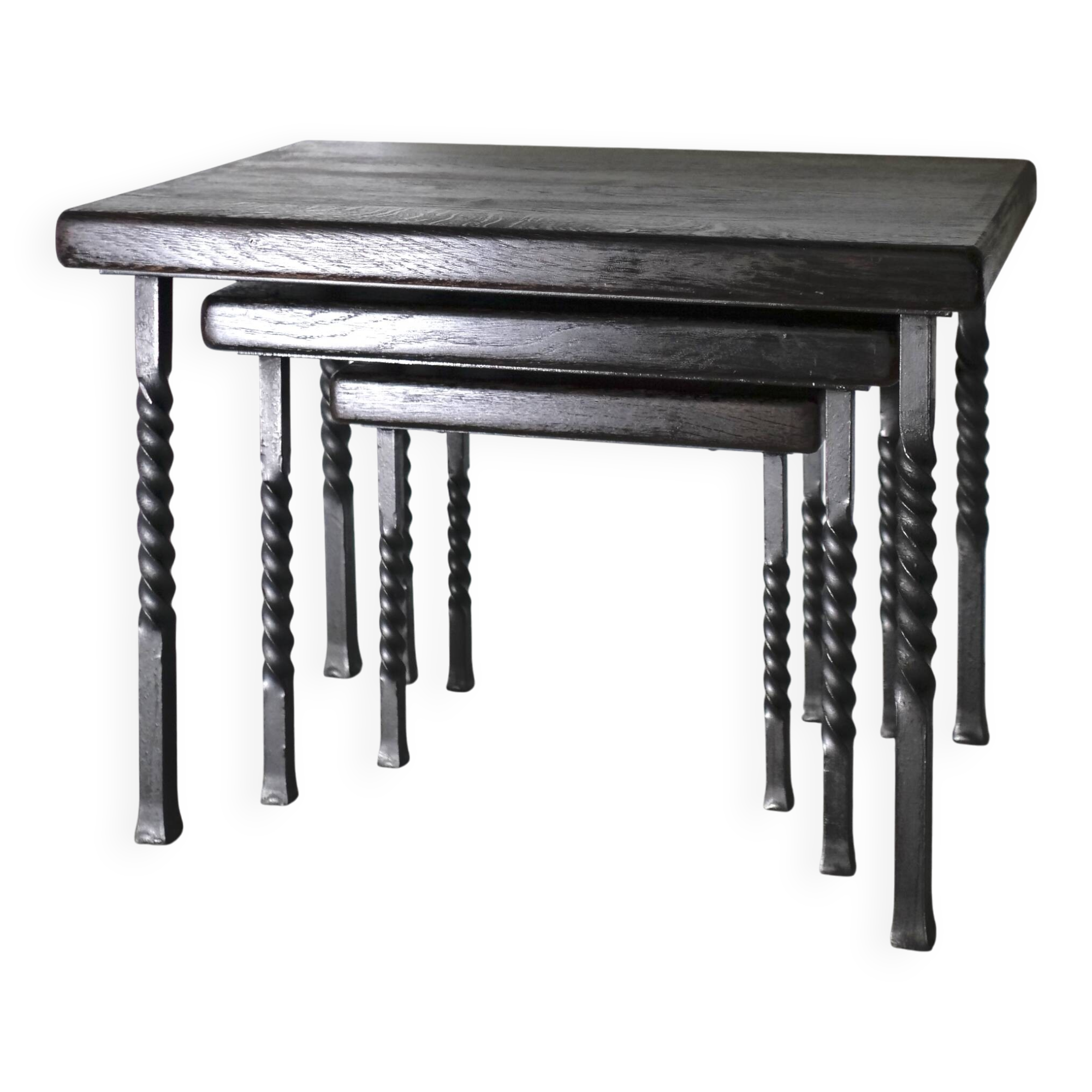 Brutalist nesting table in ebonized oak and wrought iron