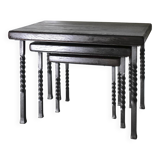 Brutalist nesting table in ebonized oak and wrought iron