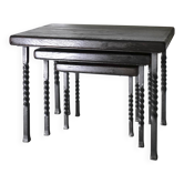 Table gigogne brutaliste chêne ebonisé et fer forgé