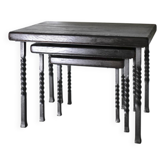 Brutalist nesting table in ebonized oak and wrought iron