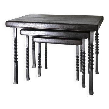 Brutalist nesting table in ebonized oak and wrought iron