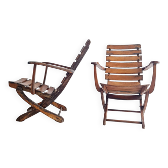 Pair of antique wooden deckchairs - Clairitex antique armchairs