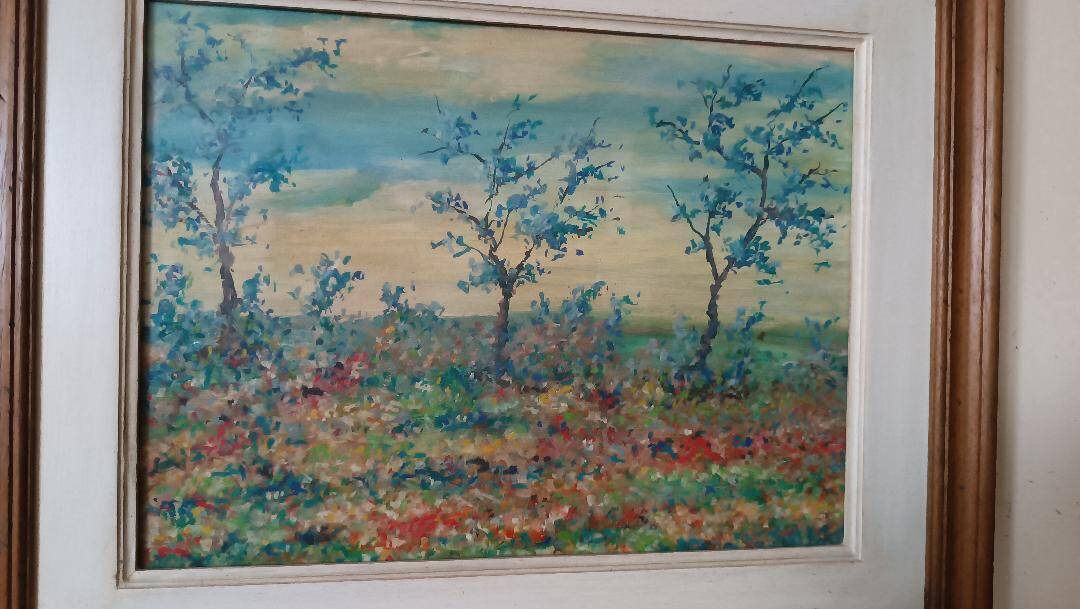 Peinture à l'huile sur panneau paysage campagne prairie fleurie signée