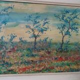 Peinture à l'huile sur panneau paysage campagne prairie fleurie signée