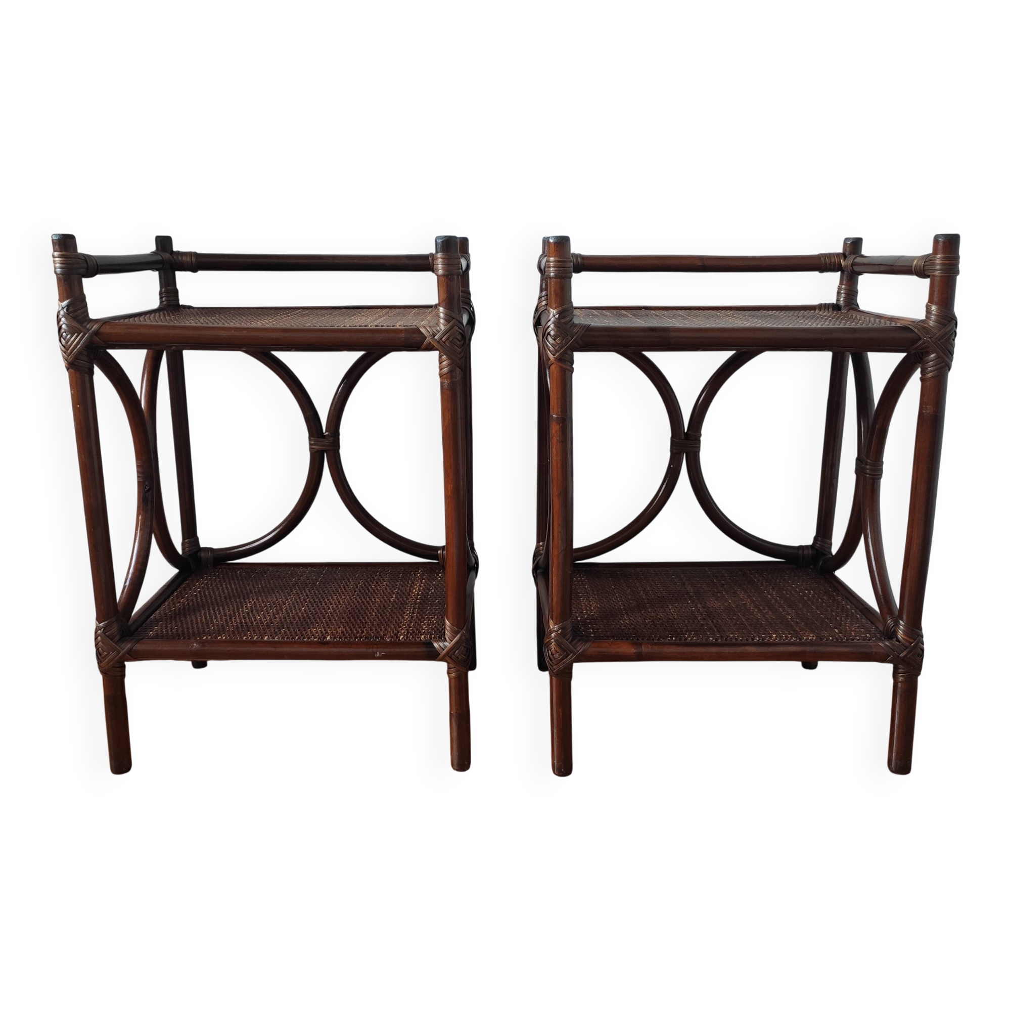 Pair of 1970s rattan bedside tables, side tables.