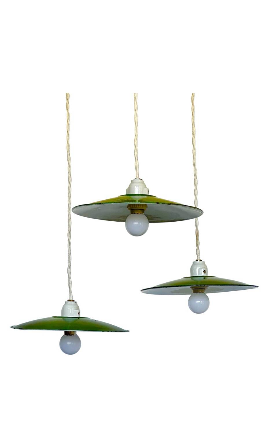 Triple industrial style pendant light with enamelled sheet metal and porcelain sockets