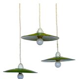 Triple industrial style pendant light with enamelled sheet metal and porcelain sockets