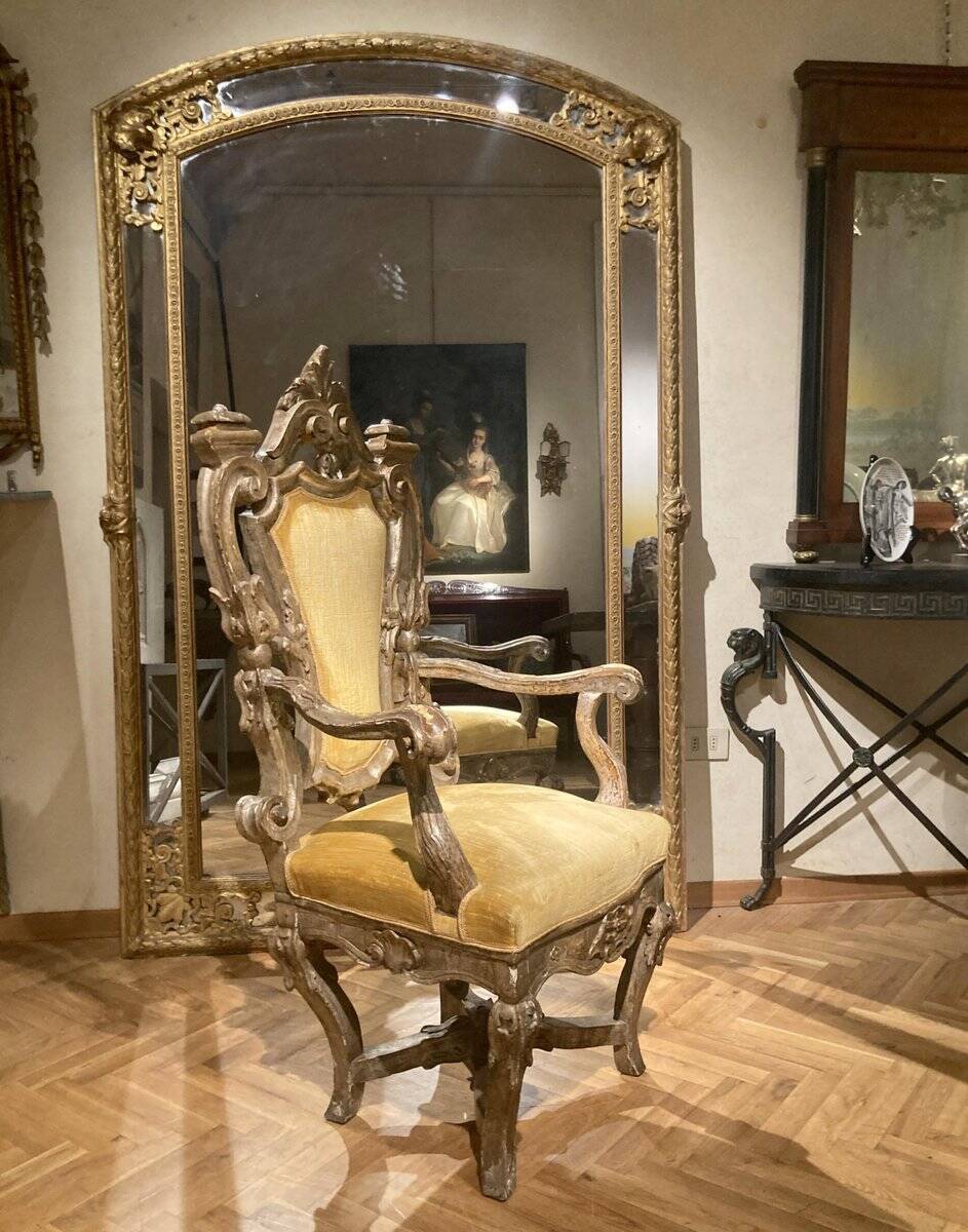 Italian Rococo Silver Mecca Giltwood Throne Armchair, Rome, 18th Century