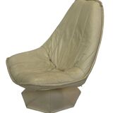 Fauteuil pivotant vintage en cuir crème avec pied octogonal Design 1970