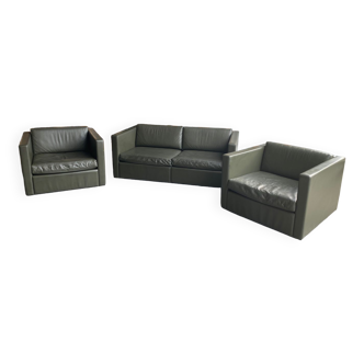 2-seater sofa and 2 armchairs set Pfister for Knoll khaki leather