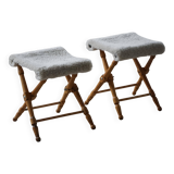 Pair of Danish mid-century folding stools with sheepskin upholstery, 1960.