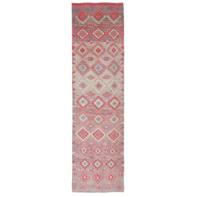 Vintage Turkish Hand-Knotted Wool Cotton Pink Runner 83x324