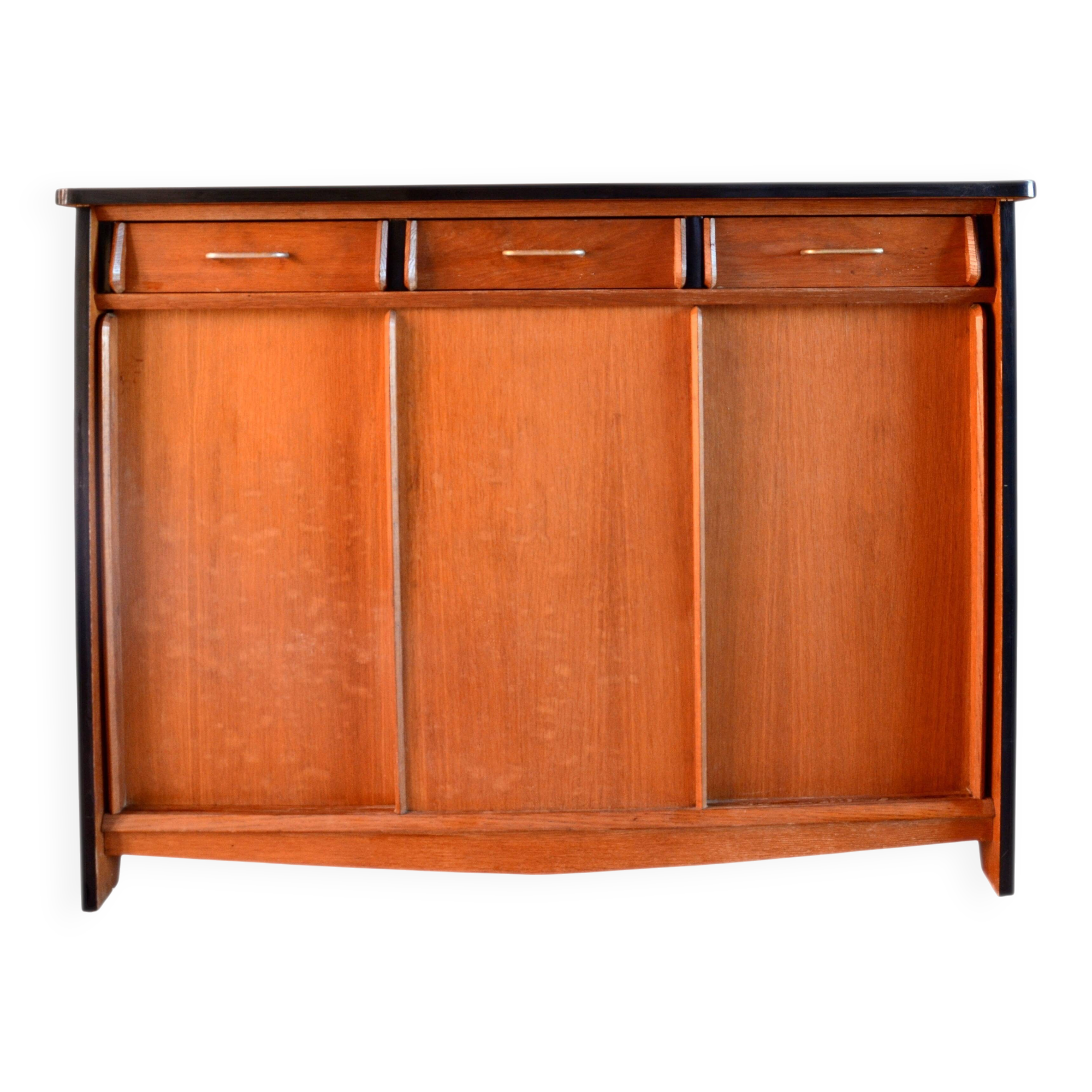 Wooden enfilade with fuchsia pink and black formica, 1950s, 130x50x100cm