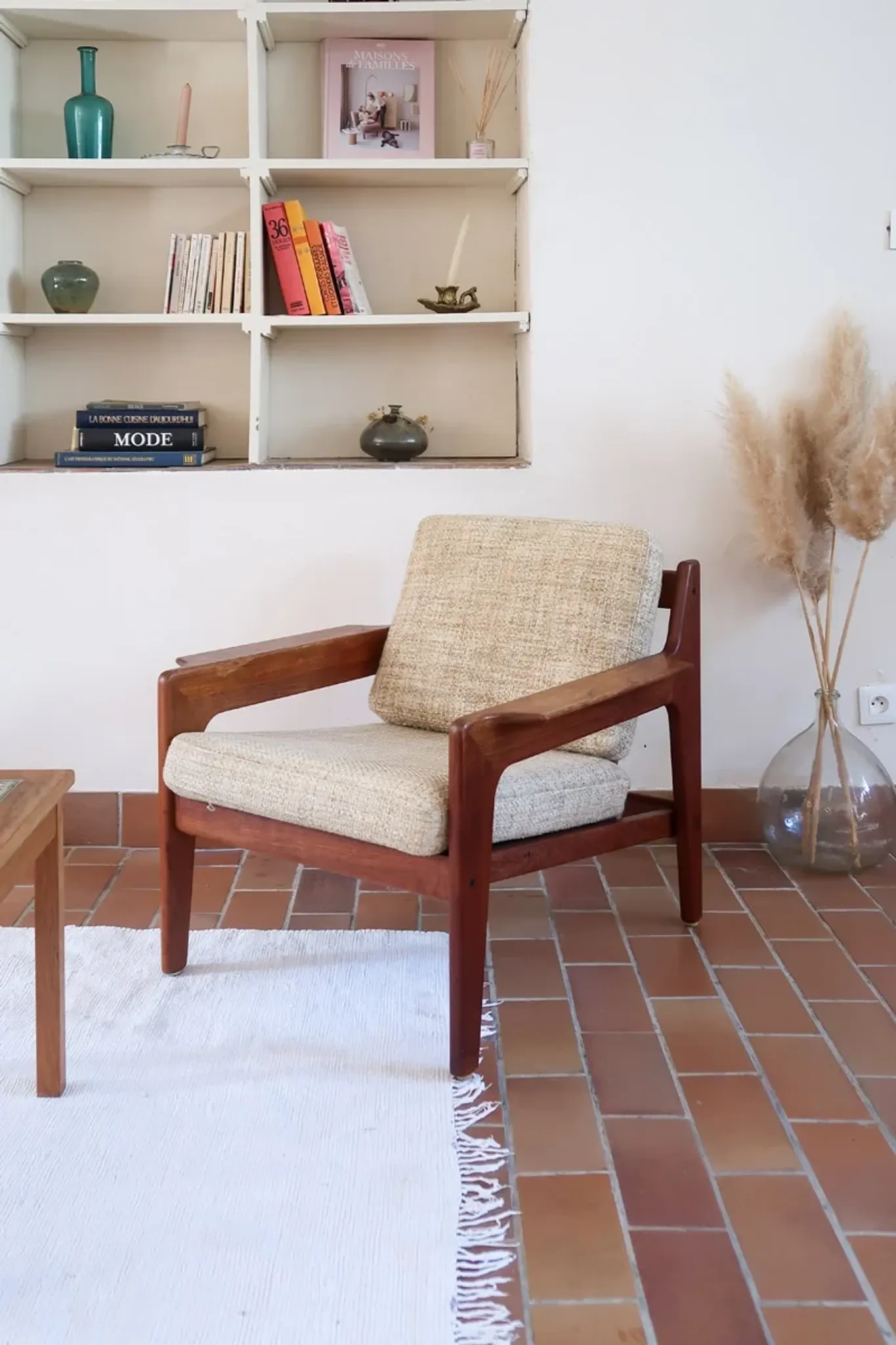 Scandinavian armchair, teak, beige fabric, 1960s.