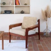 Scandinavian armchair, teak, beige fabric, 1960s.