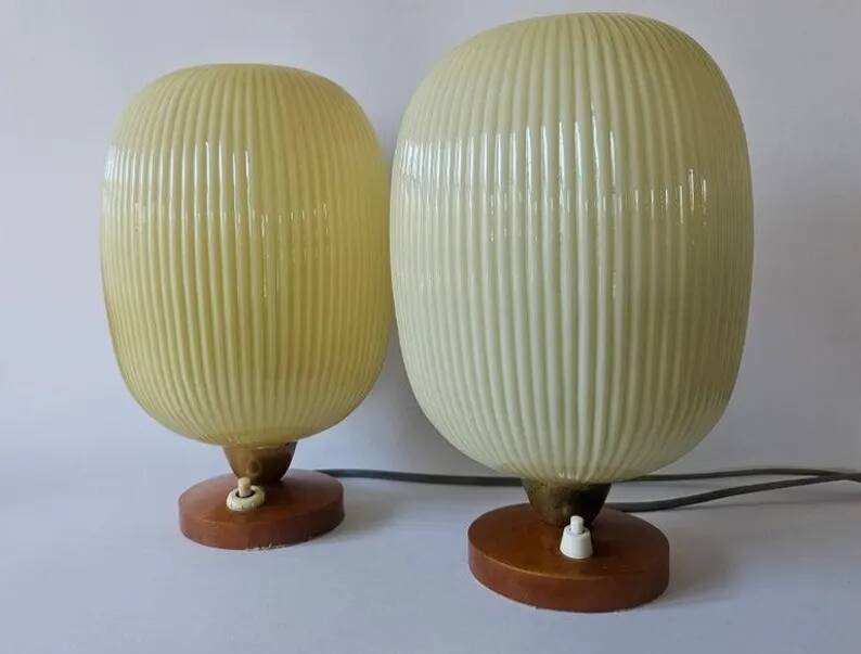 Rare Pair of Table Lamps, Glass and Wood, 1960s