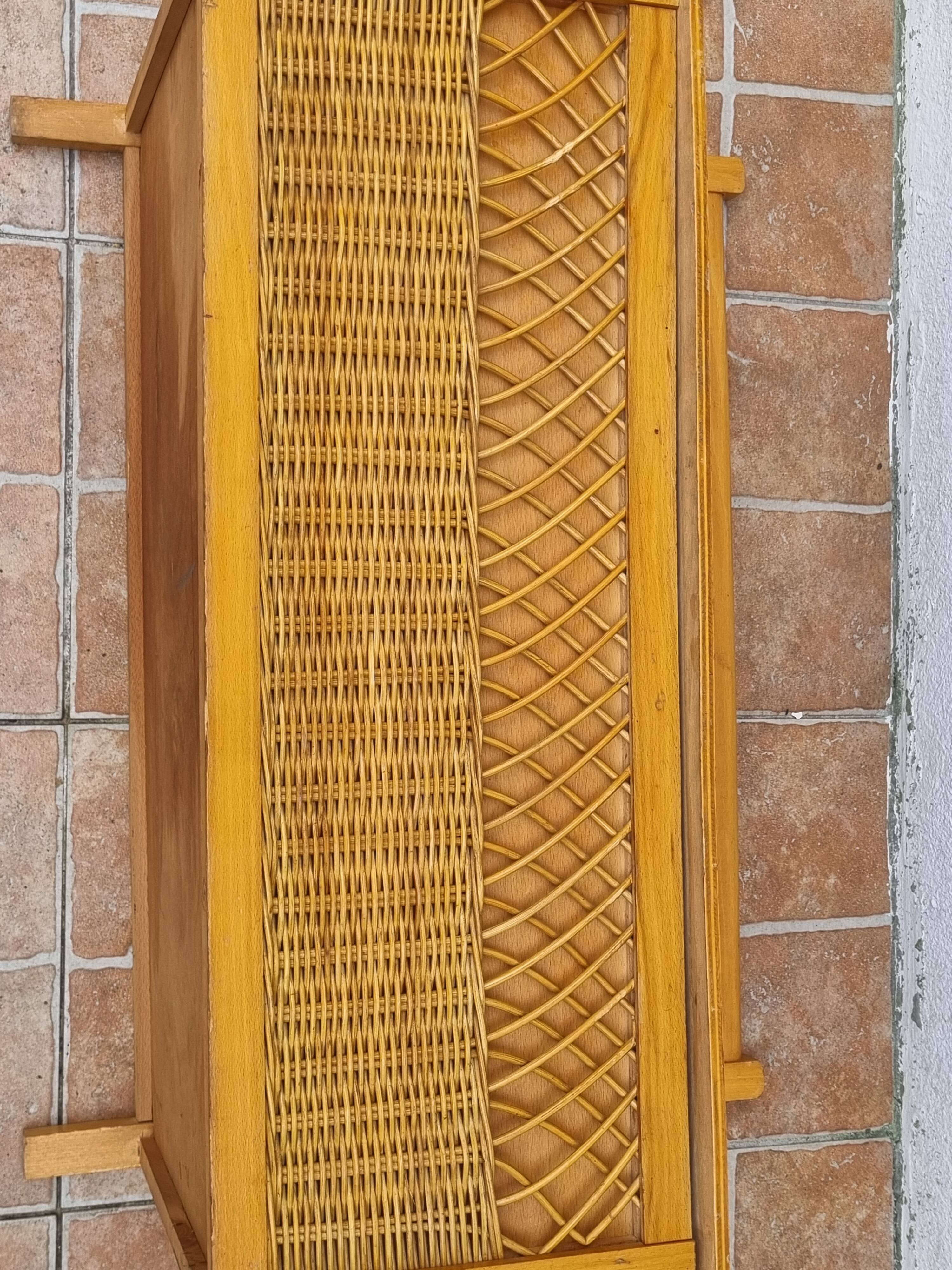 Vintage wooden bench with caning and woven rattan, 1960s-70s.