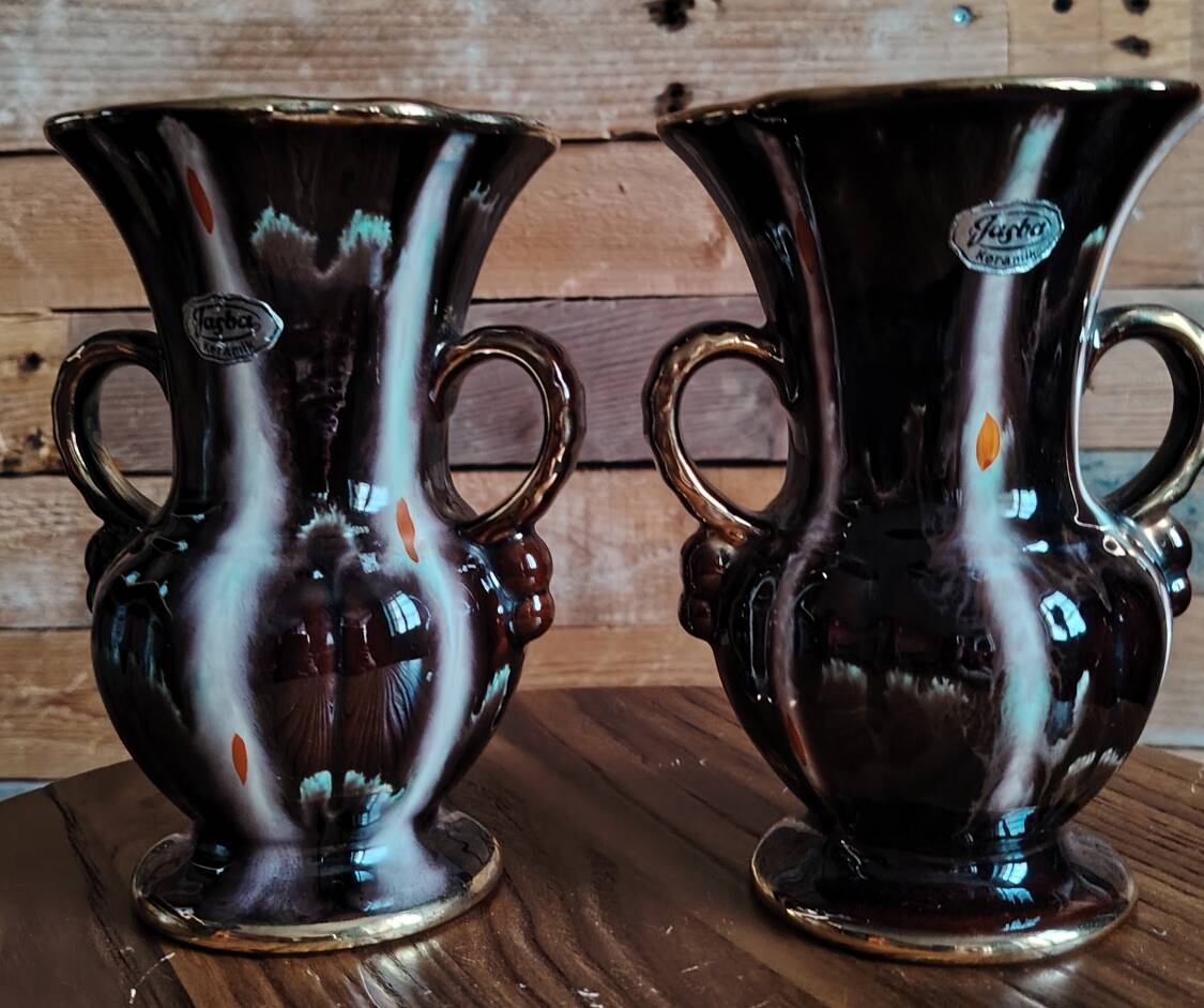 Pair of Jasba Keramik vases – Germany – 1950s/60s – brown, black & gold