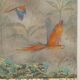 Painted canvas featuring parrots in a tropical forest. Contemporary.