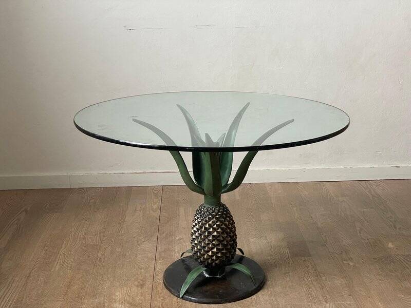 Art Deco pineapple side table in brass and iron, attributed to Maison Jansen, 1972