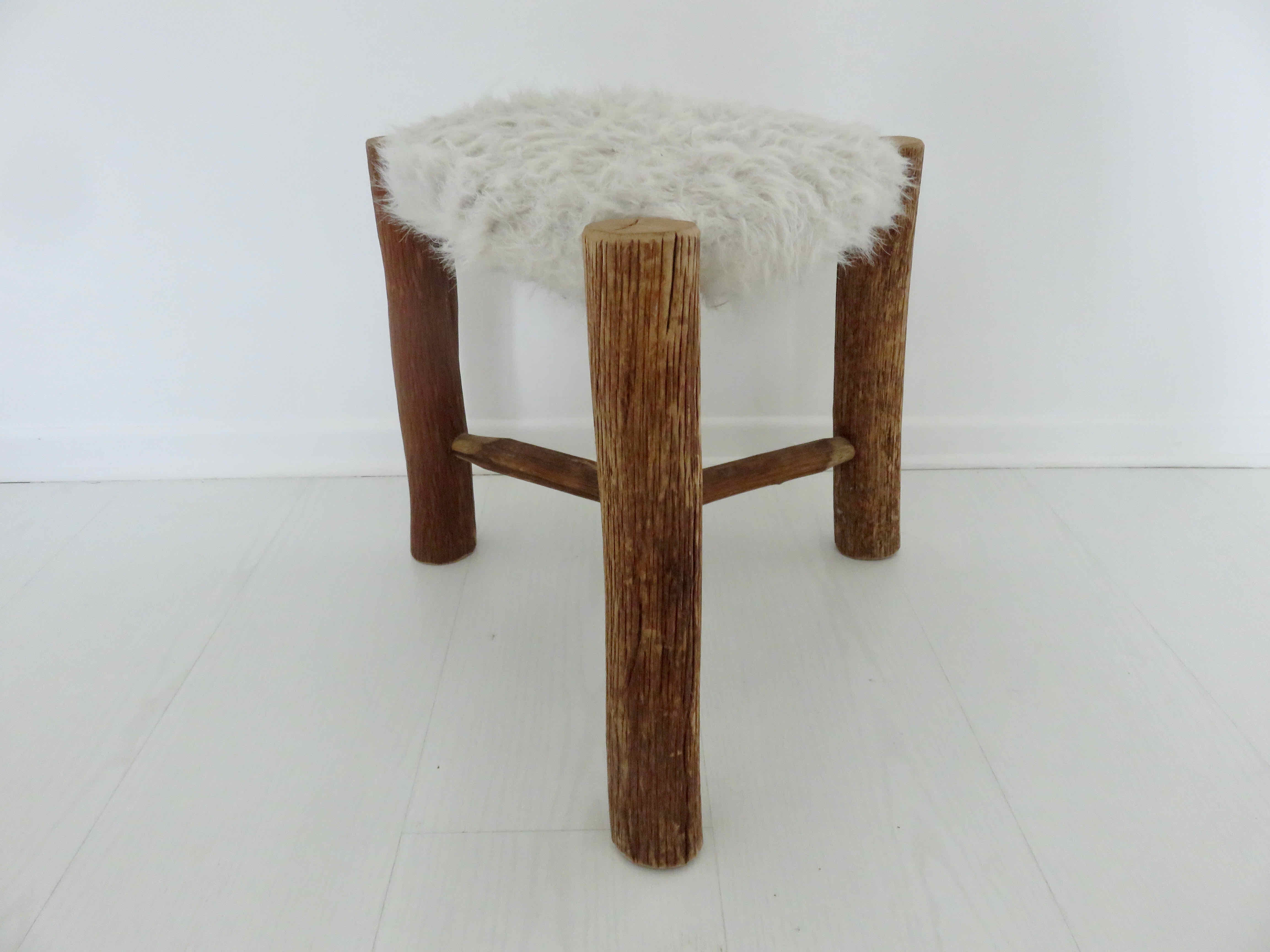 Scandinavian stool "mountain chalet" tripod wood, seat in vintage moumoute