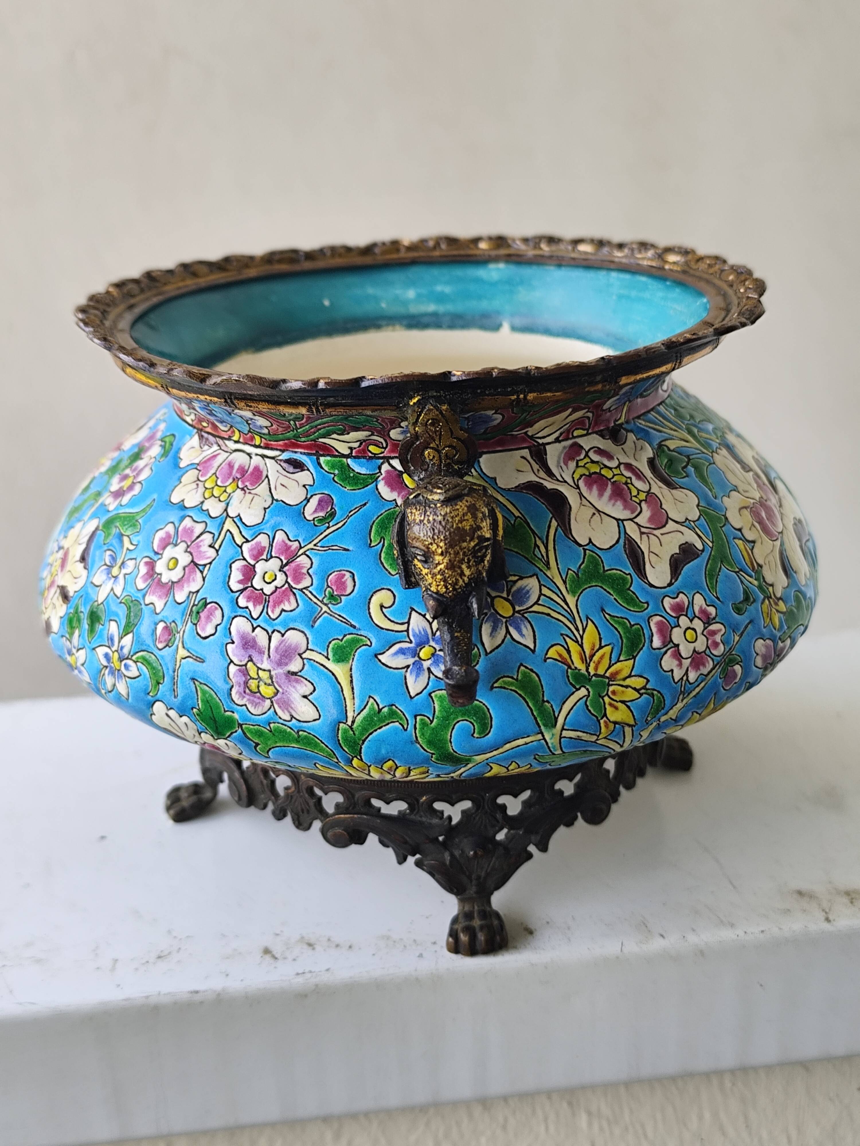 Antique jardinière ceramic enamel Longwy with bronze mount elephant head