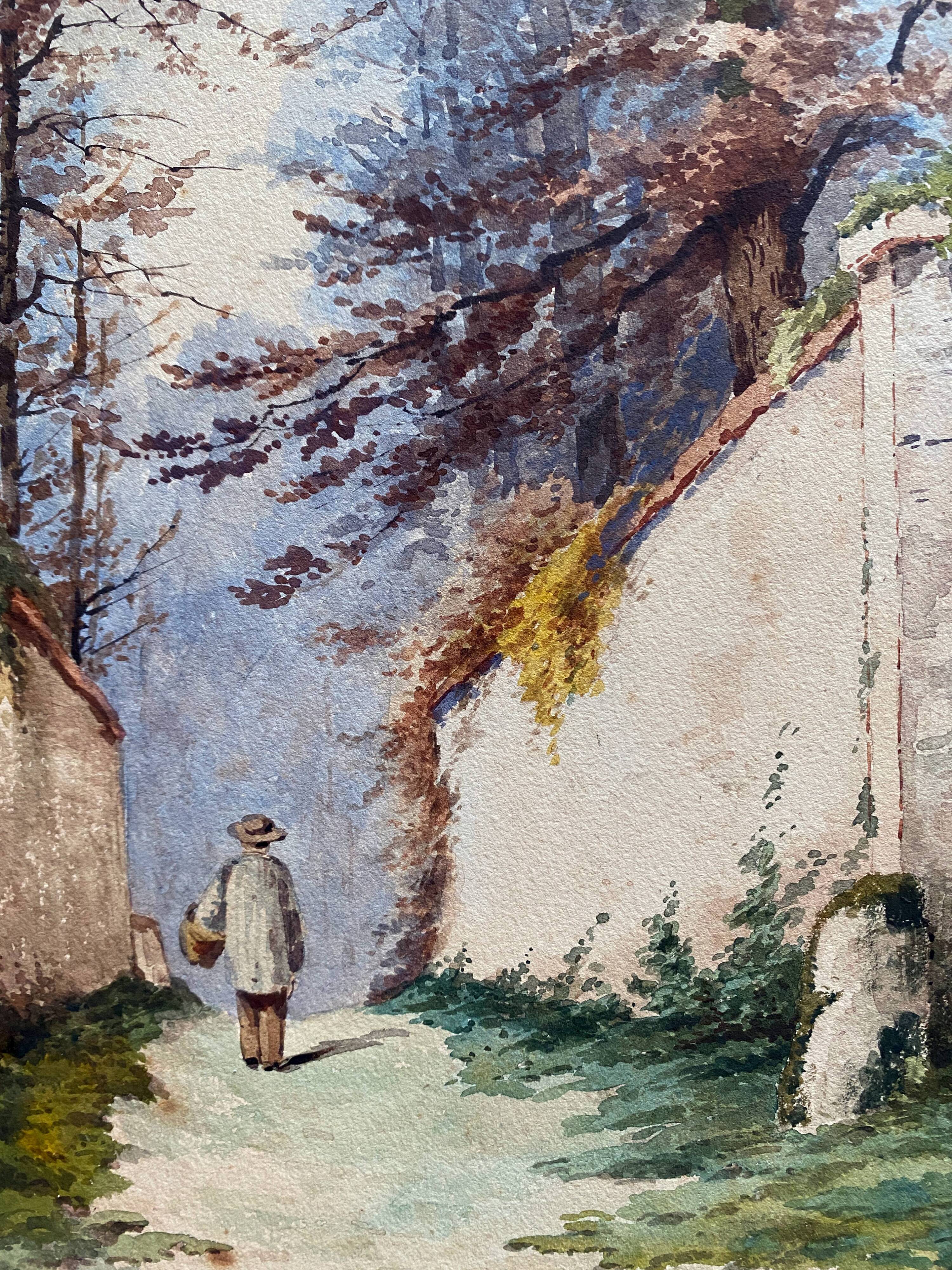 Large Watercolor Painting Signed Christen XIXth Animated Landscape Barbizon