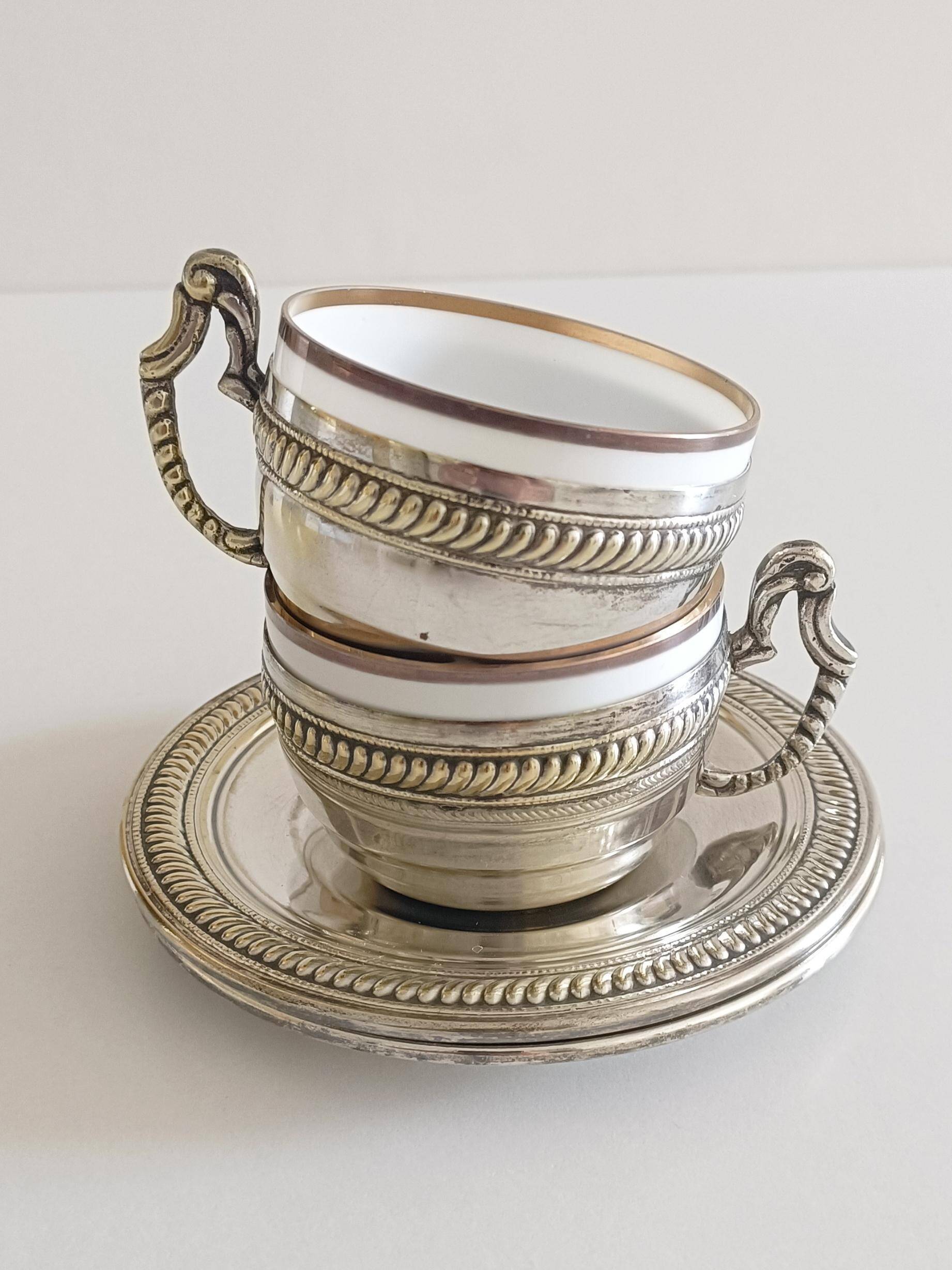 Victorian Alpaca Silver Tea or Coffee Pair of Cups and Plates, England 19th C.