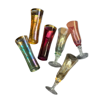 Coloured and chiseled flute glasses 1950-60